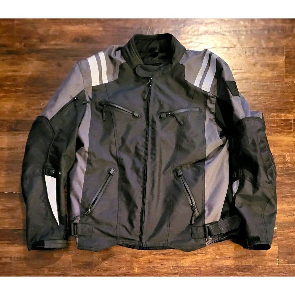 Viking Cycle Motorcycle Jacket Mens L Black Gray Riding Padded Pockets Full Zip